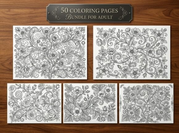 Ornate Floral Vine Coloring Pages Bundle