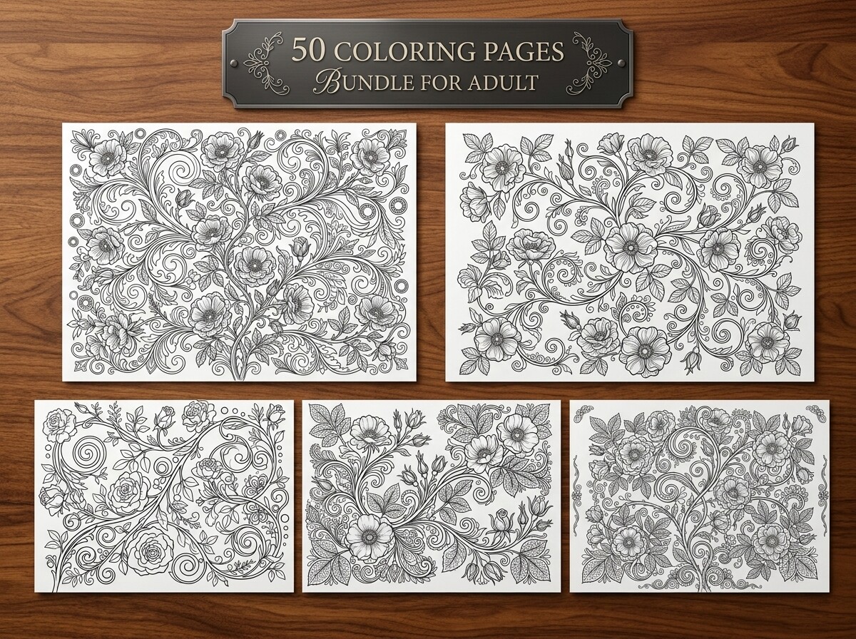 Ornate Floral Vine Coloring Pages Bundle