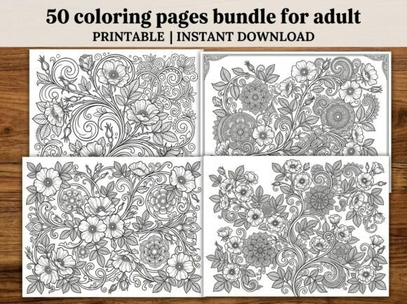 Ornate Floral Vine Coloring Pages Bundle
