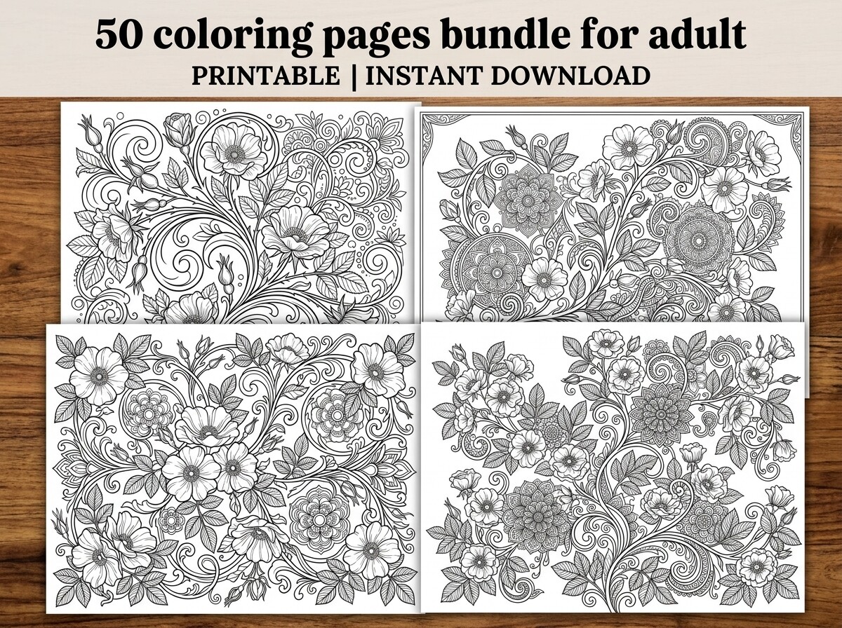 Ornate Floral Vine Coloring Pages Bundle