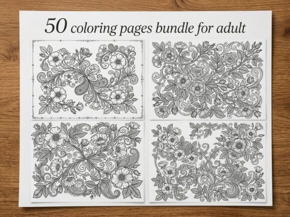 Ornate Floral Vine Coloring Pages Bundle