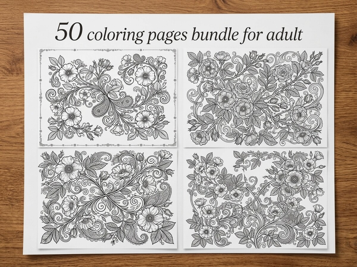 Ornate Floral Vine Coloring Pages Bundle