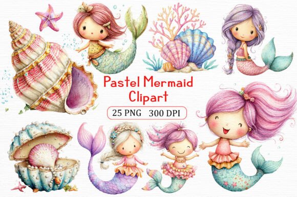 Pastel Mermaid Clipart Art Set