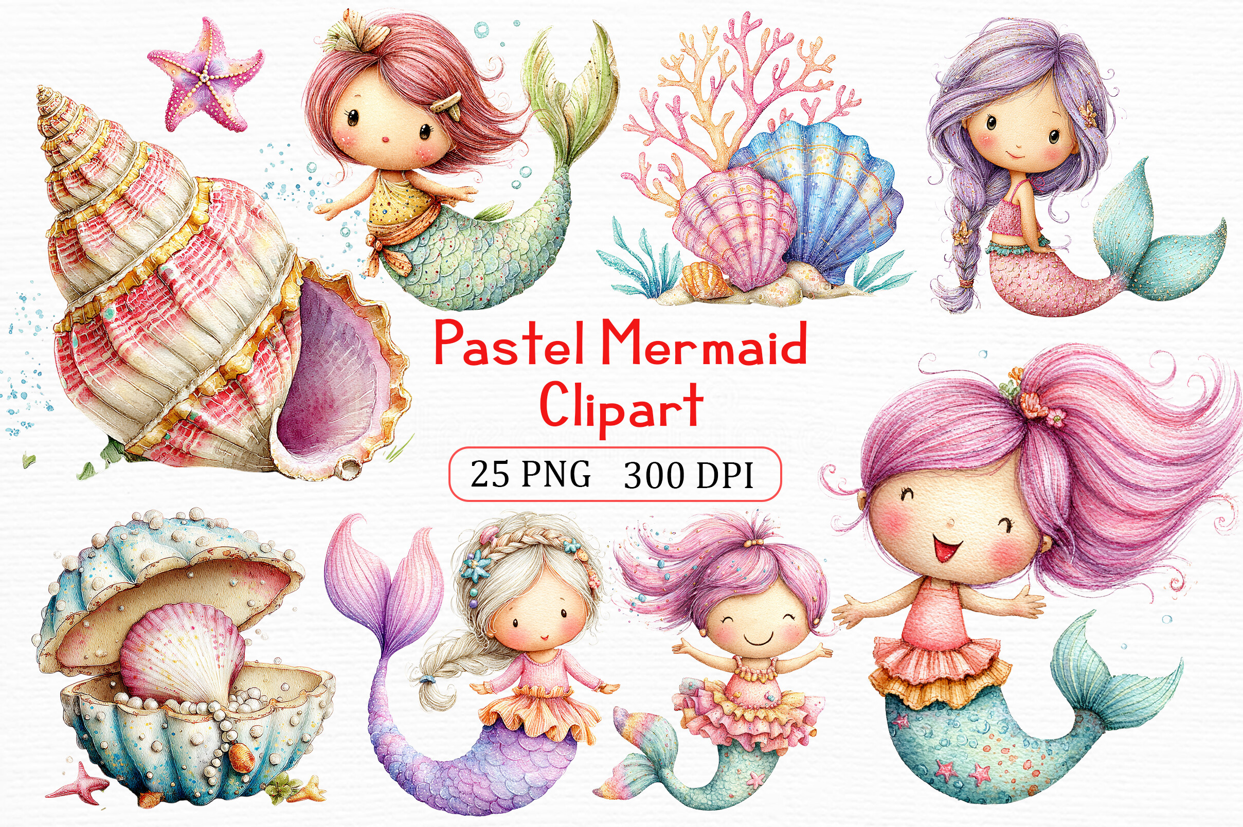 Pastel Mermaid Clipart Art Set