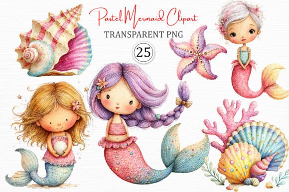 Pastel Mermaid Clipart PNG Set
