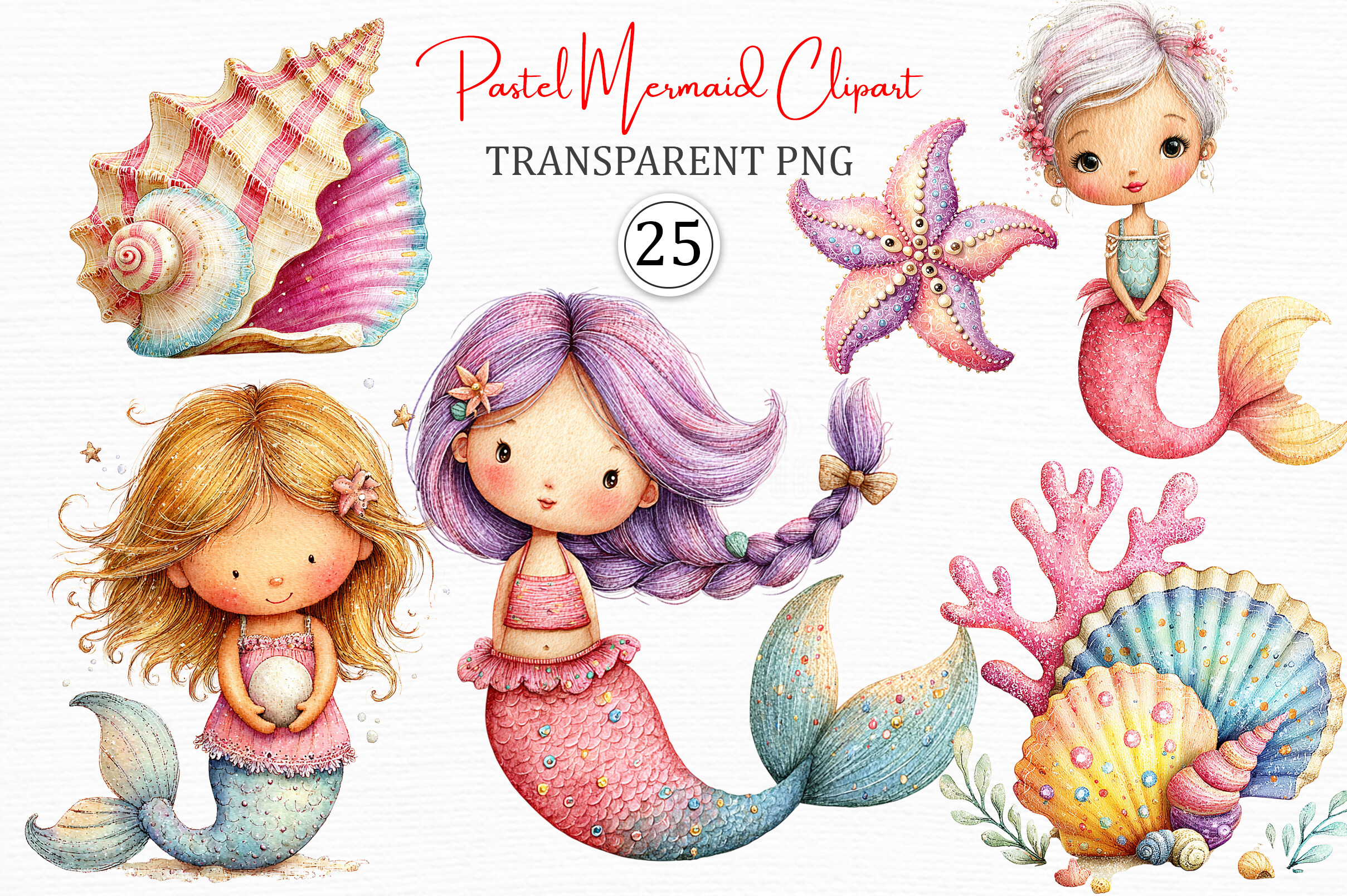 Pastel Mermaid Clipart PNG Set