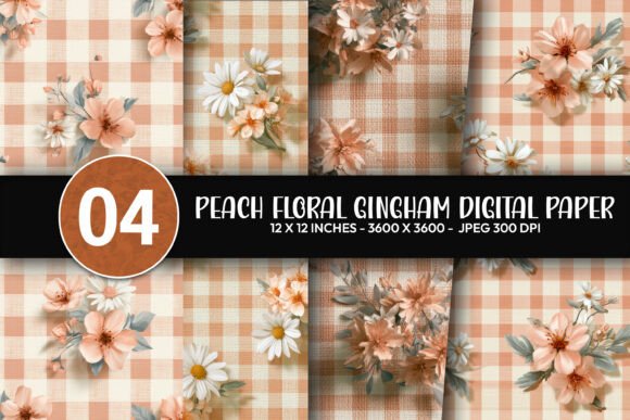 Peach Floral Gingham Digital Paper