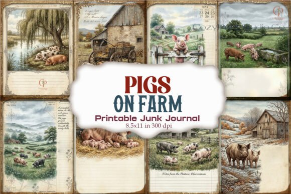 Pigs on Farm Vintage Junk Journal Pages