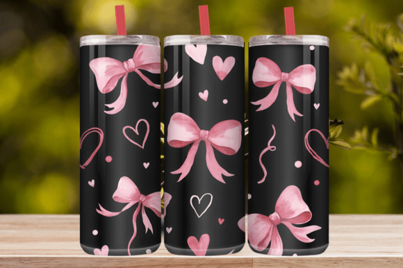 Pink Coquette Bow Black Tumbler Wrap PNG