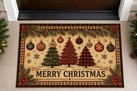 Plaid Trees Merry Christmas Doormat