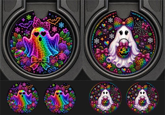 Rainbow Ghost Bow Halloween Car Coaster