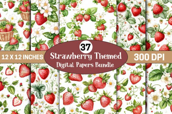 Strawberry Themed Digital Papers Bundle