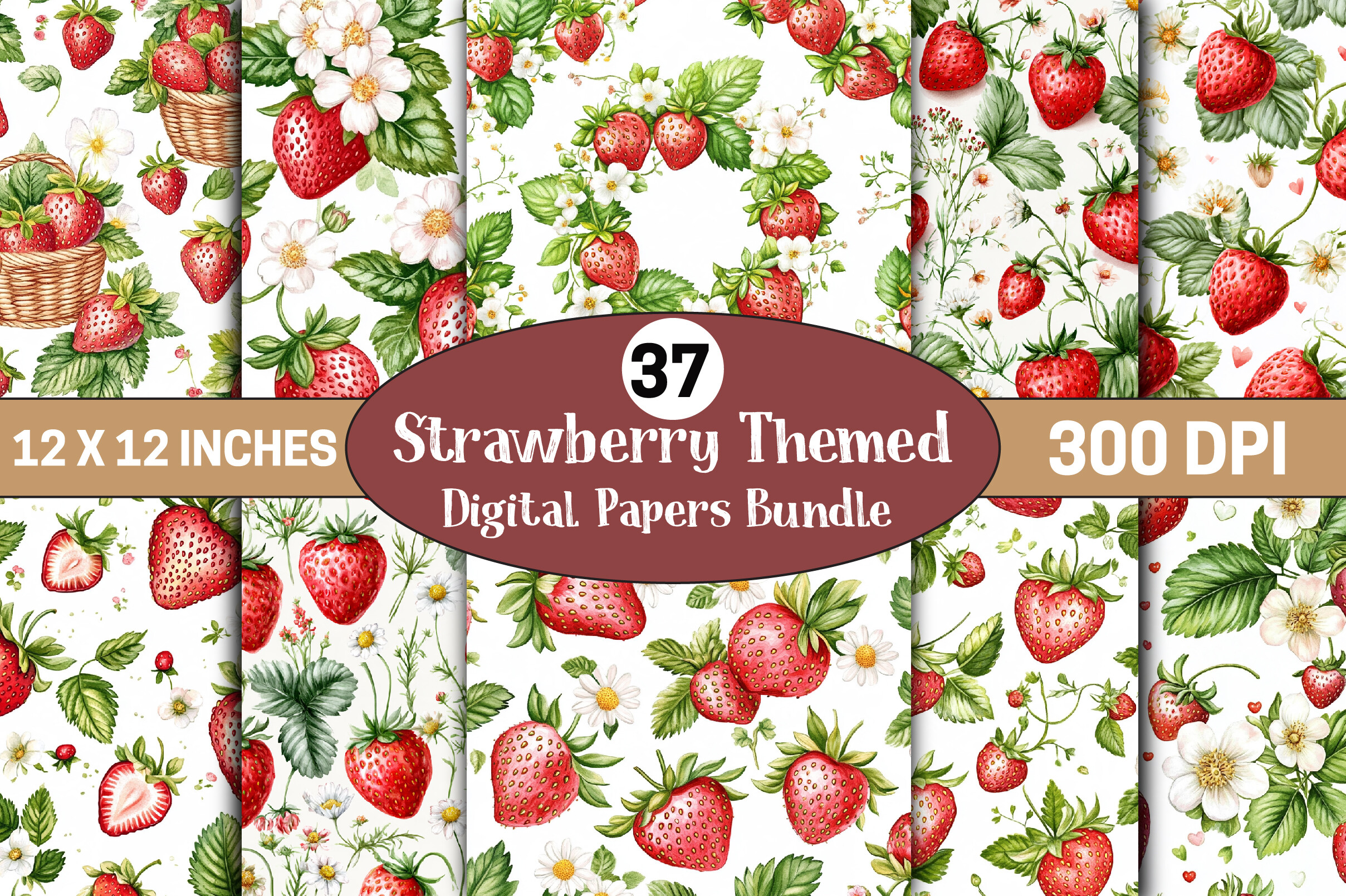 Strawberry Themed Digital Papers Bundle
