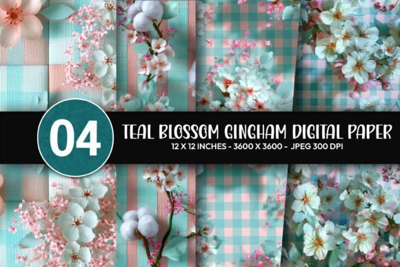 Teal Blossom Gingham Digital Paper