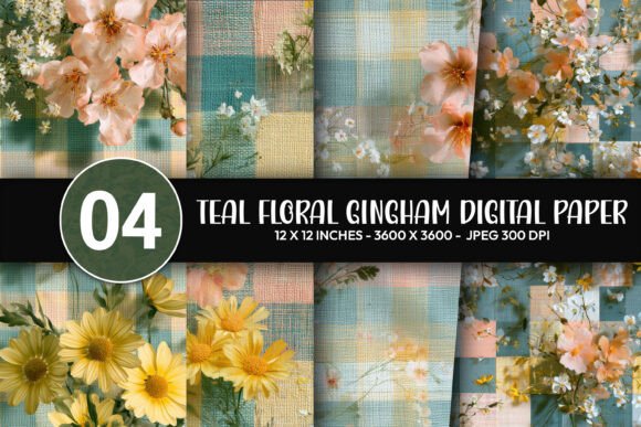 Teal Floral Gingham Digital Paper