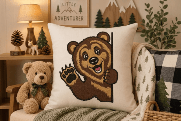 Teddy Bear Peeking Embroidery Design