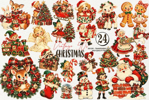 Vintage 1950s Christmas Clipart Graphic Illustrations By Cat Lady