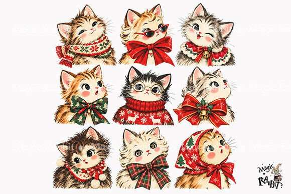 Vintage Christmas Cats Clipart PNG