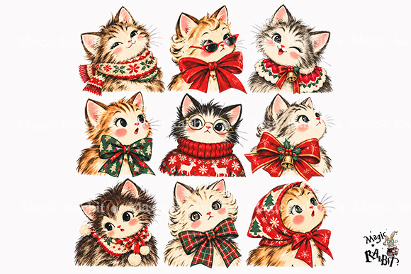 Vintage Christmas Cats Clipart PNG