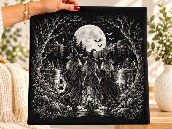 Vintage Halloween Witches Moonlit PNG