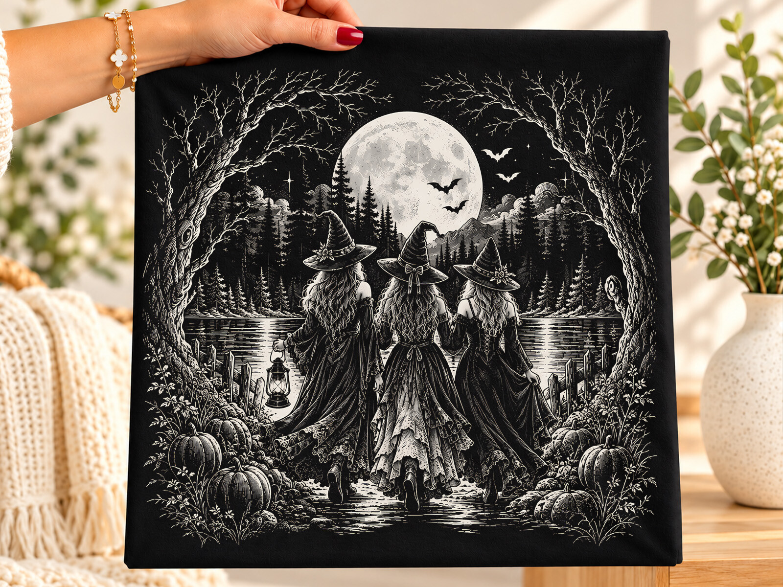 Vintage Halloween Witches Moonlit PNG