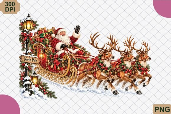 Vintage Santa Sleigh Christmas PNG
