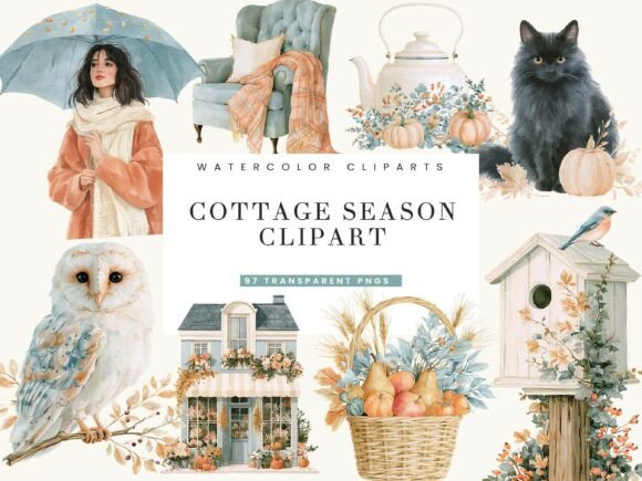 Watercolor Cottage Season Clipart Bundle