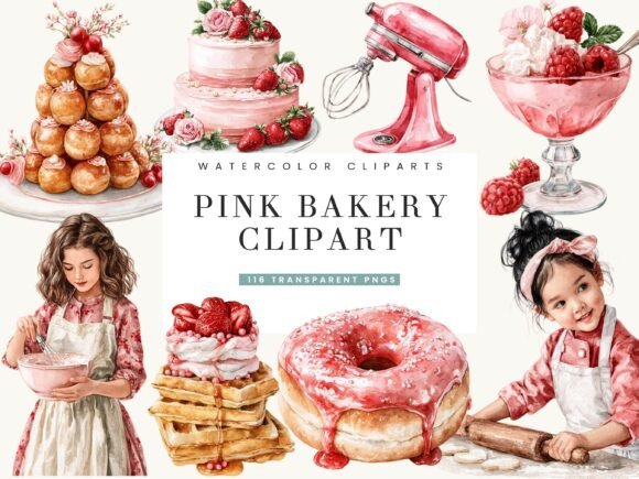 Watercolor Pink Bakery Clipart Bundle