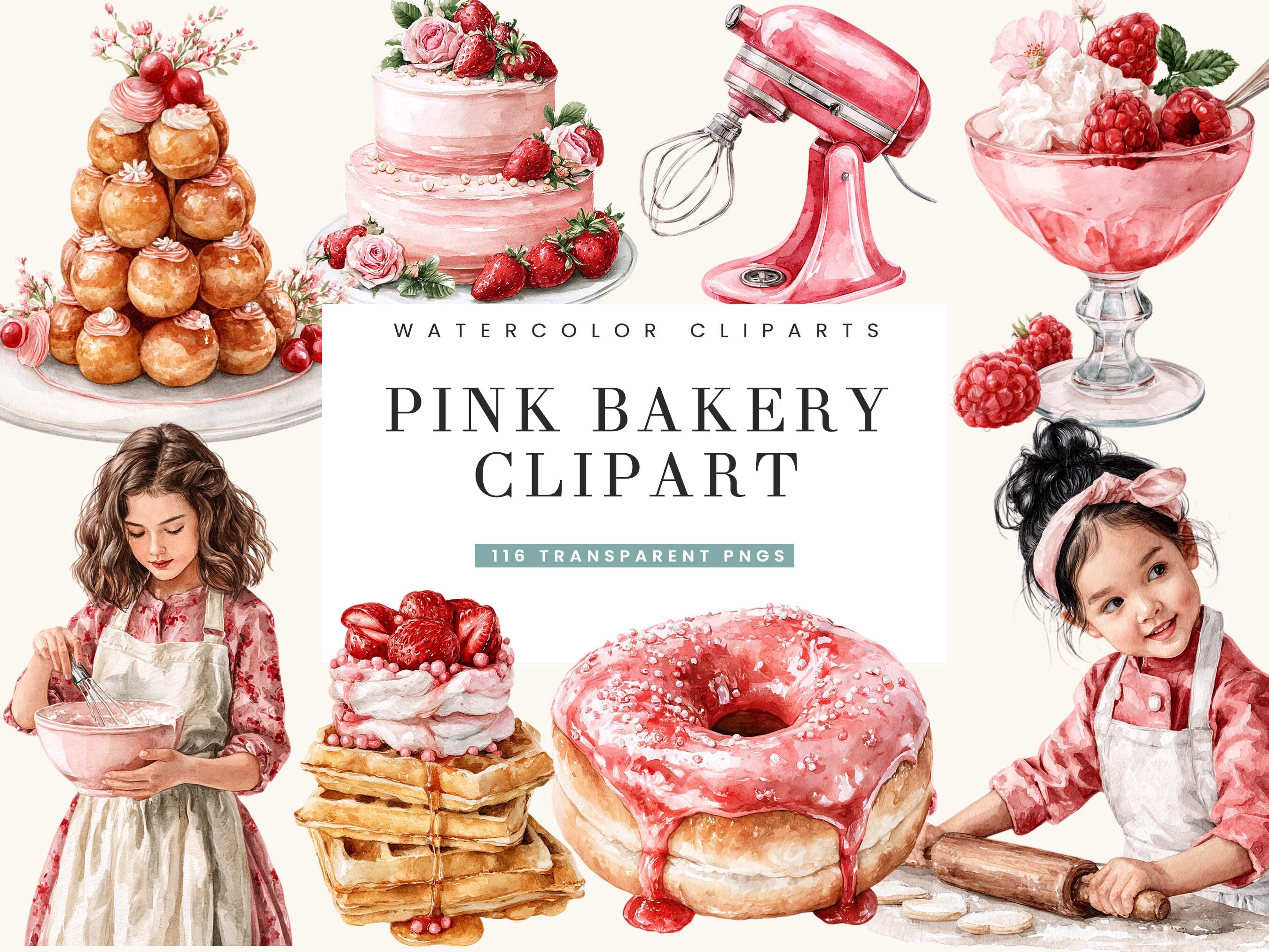 Watercolor Pink Bakery Clipart Bundle