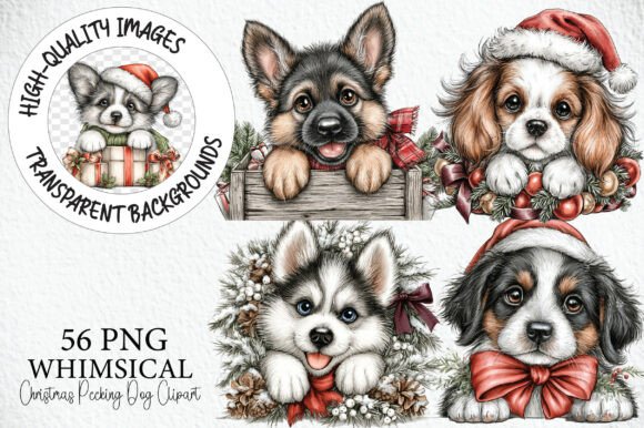 Whimsical Christmas Peeking Dog Clipart