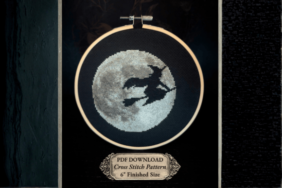 Witch and Moon Cross Stitch Pattern