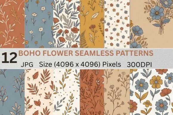 12 Boho Flower Seamless Patterns Digital