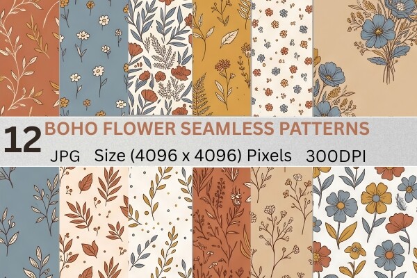 12 Boho Flower Seamless Patterns Digital