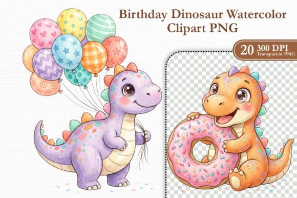 Birthday Dinosaur Watercolor Clipart PNG