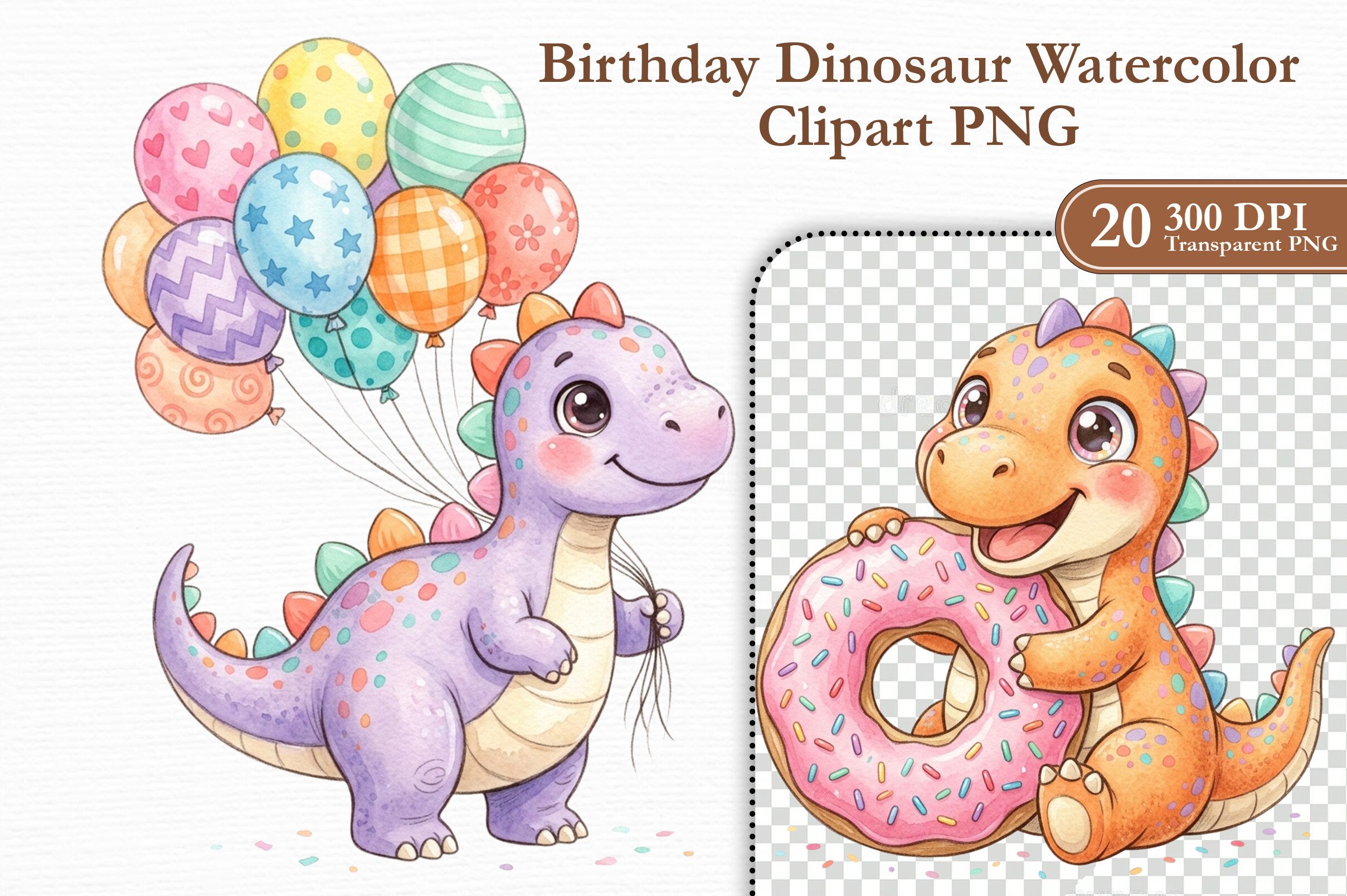 Birthday Dinosaur Watercolor Clipart PNG