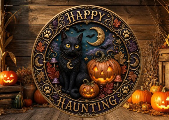 Black Cat Pumpkin Halloween Door Sign