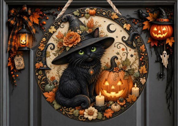 Black Cat Witch Halloween Door Sign PNG
