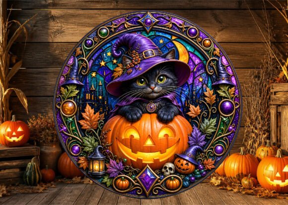 Black Cat Witch Hat Halloween Door Sign