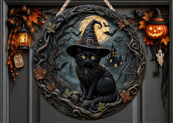 Black Cat Witch Hat Halloween Door Sign