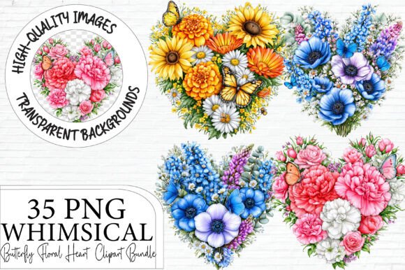 Butterfly Floral Heart Clipart Bundle