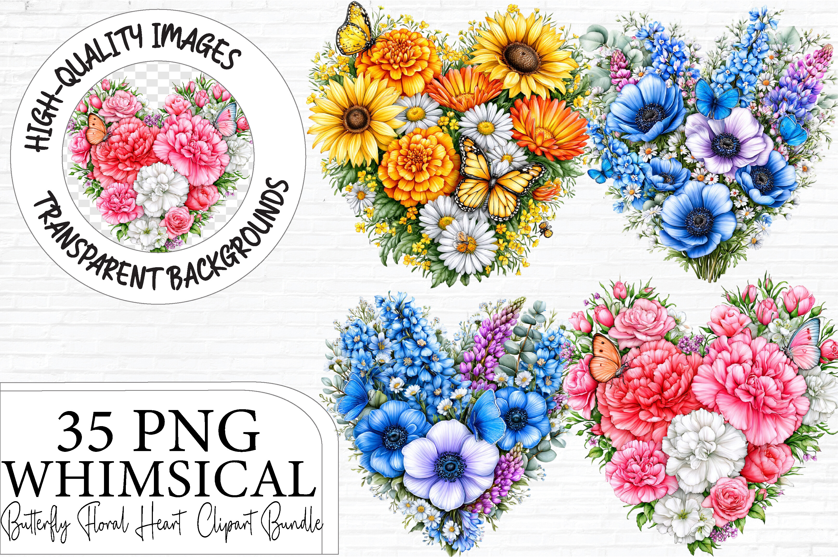 Butterfly Floral Heart Clipart Bundle