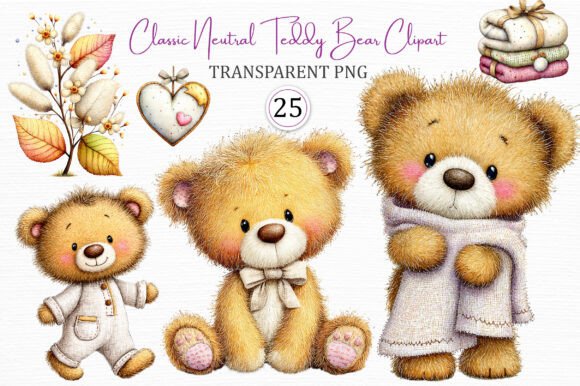 Classic Neutral Teddy Bear Clipart Set