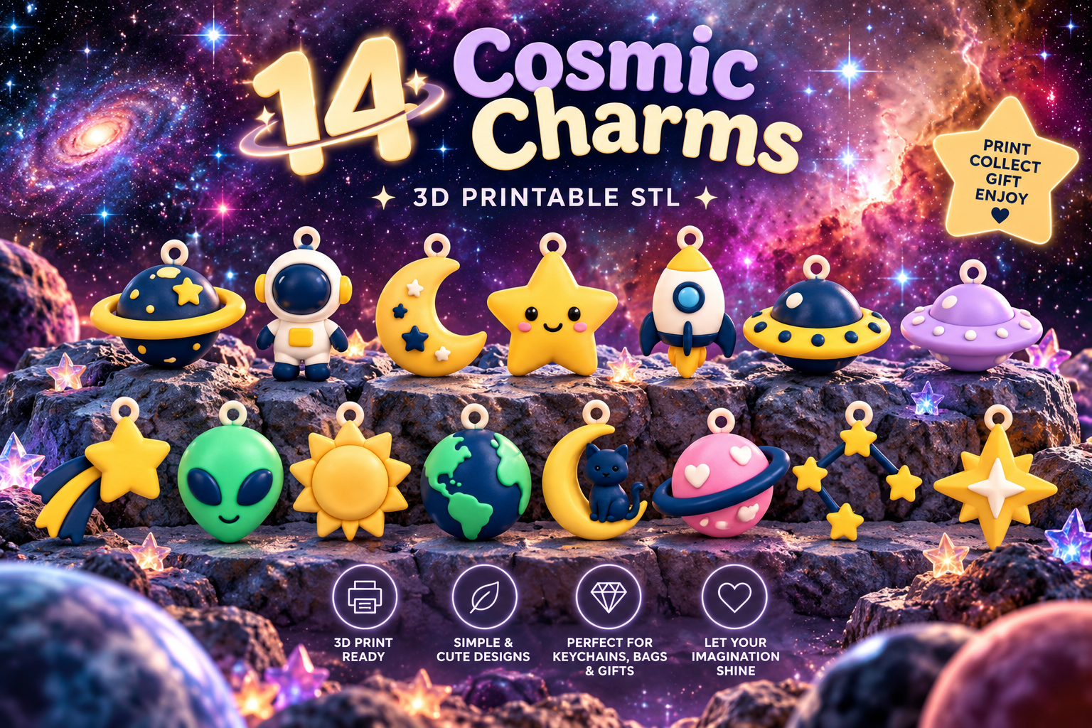 Cosmic Space Charms STL Bundle – 14 3D Printable Keychain Models - Image 3