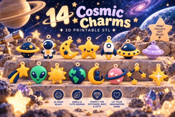 Cosmic Space Charms STL Bundle – 14 3D Printable Keychain Models - Image 2