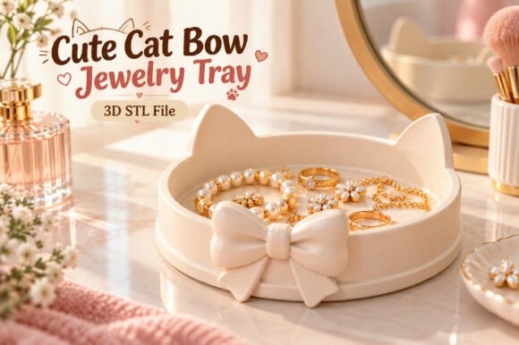 Cute Cat Bow Jewelry Tray 3D STL File - Cat Ear Trinket Dish & Vanity Organizer - Image 1
