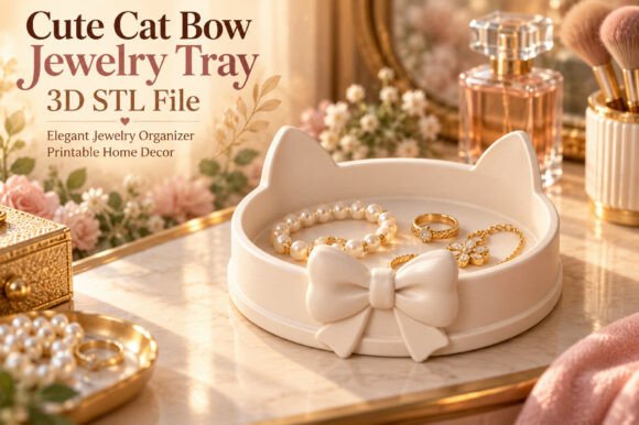 Cute Cat Bow Jewelry Tray 3D STL File - Cat Ear Trinket Dish & Vanity Organizer - Image 2