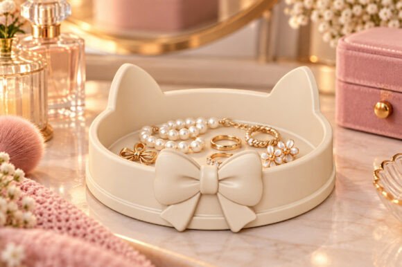 Cute Cat Bow Jewelry Tray 3D STL File - Cat Ear Trinket Dish & Vanity Organizer - Image 3