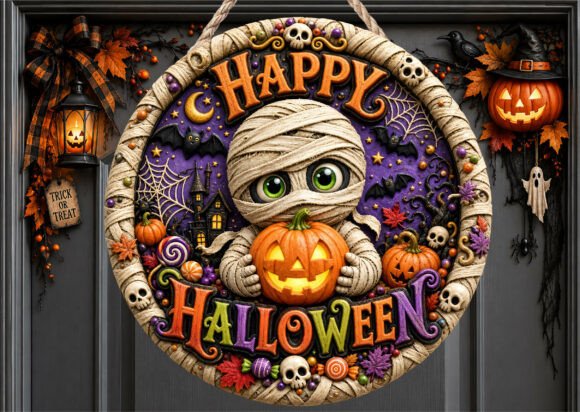 Cute Mummy Pumpkin Halloween Door Sign