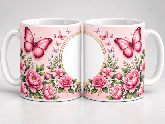 Elegant Pink Butterfly Floral Mug Design Graphics