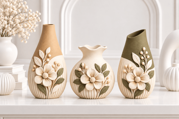 Floral Decorative Vase STL Set – 3 Sculptural Botanical Vases for 3D Printing - Image 2
